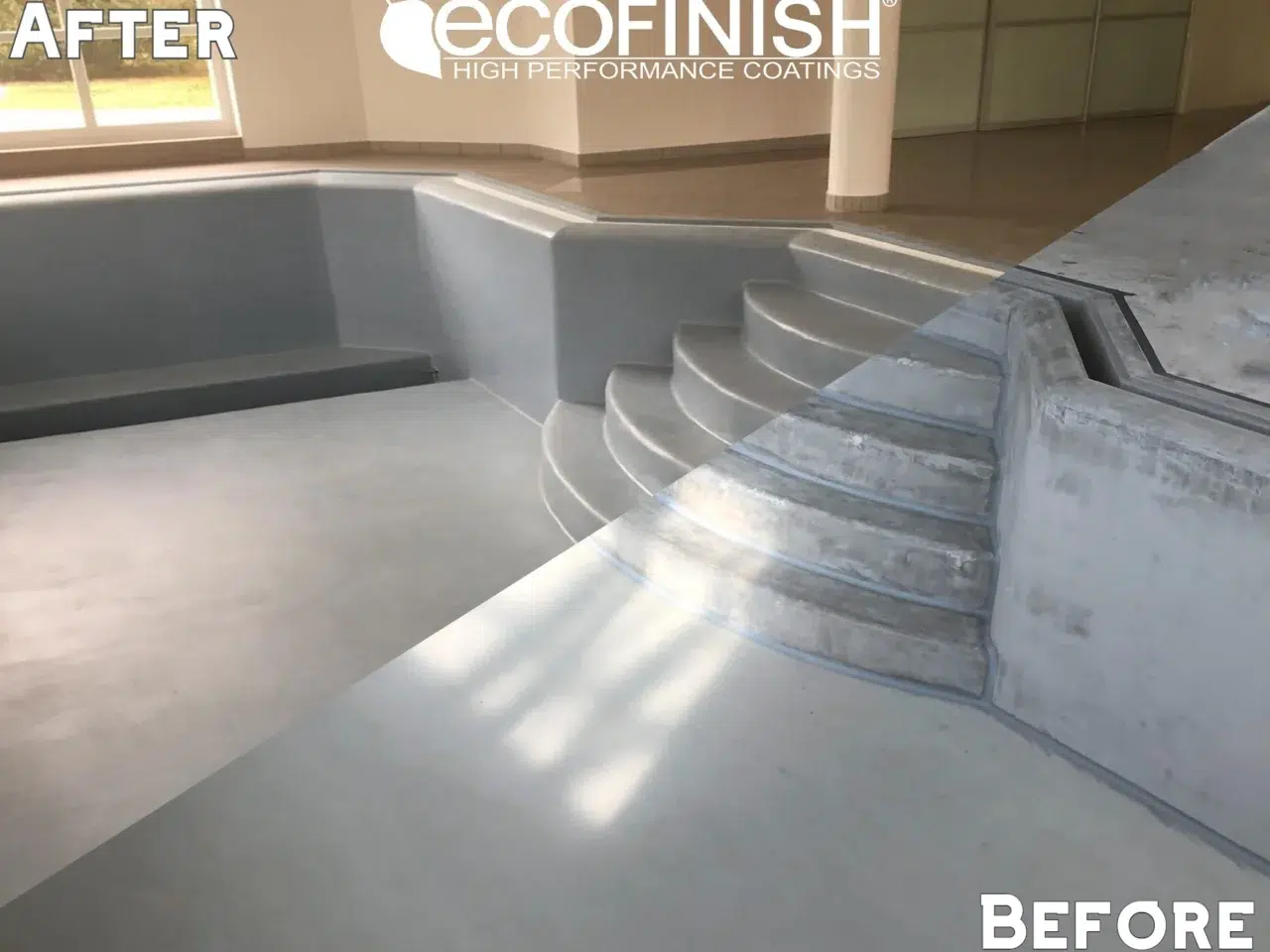 Fiberglass pool steps before and after a gray ecoFINISH coating