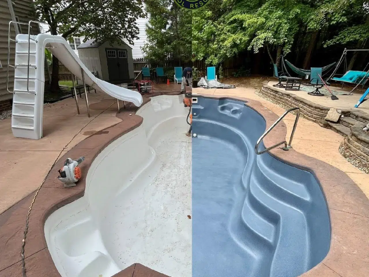 Freeform swimming pool showing worn and resurfaced interior finishes