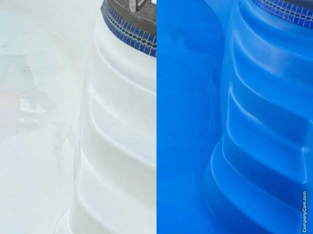 White and blue pool steps shown side by side