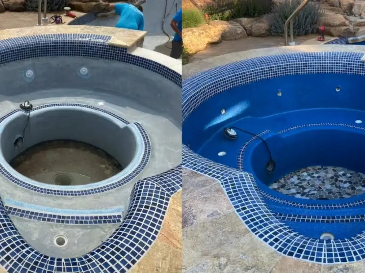 Round spa shown before and after blue interior resurfacing